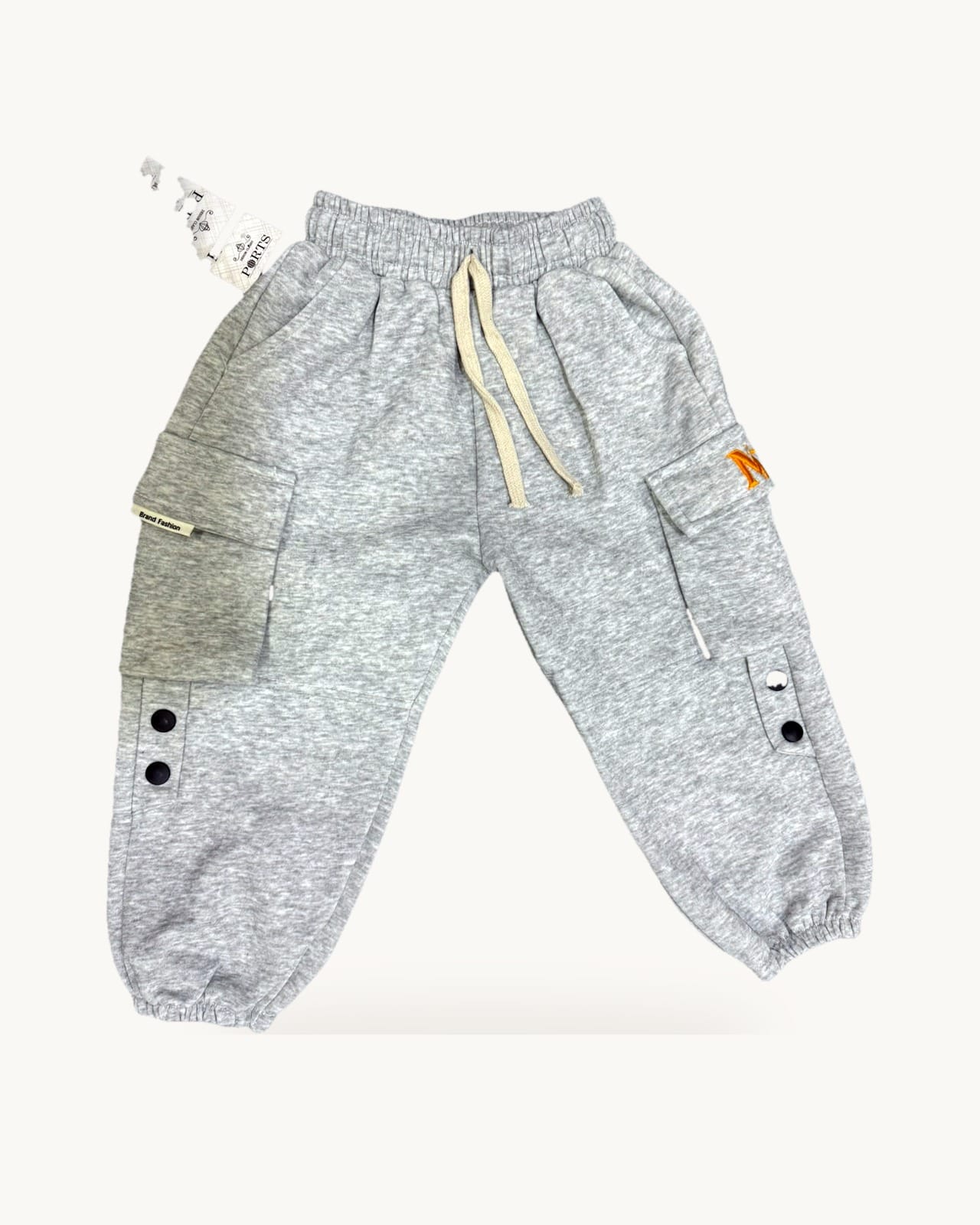 Grey cargo trousers with drawstring waist